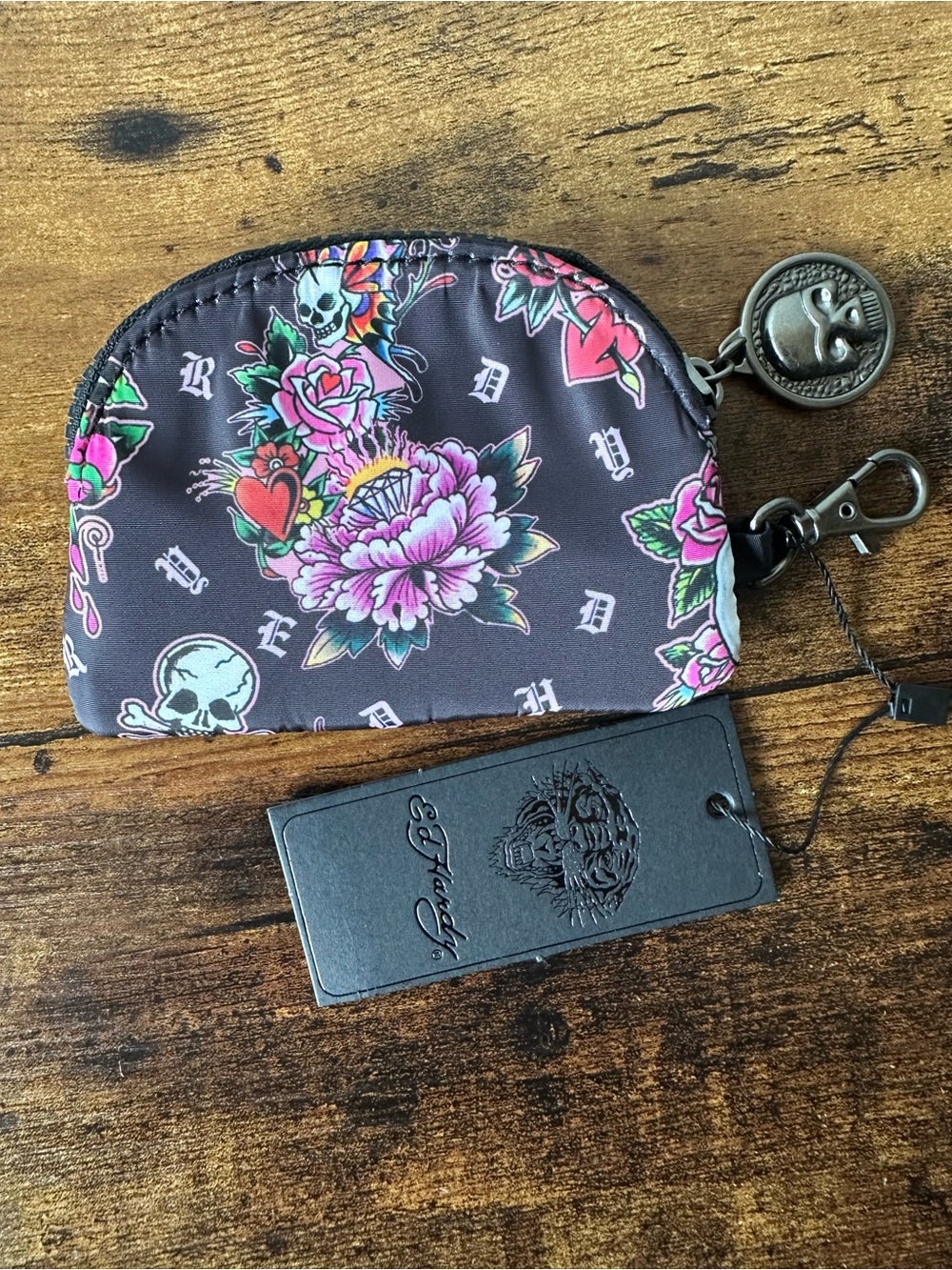 Ed Hardy Tattoo-Inspired Flower Coin Pouch Bag Charm Keychain w/ Skull Zip NWT